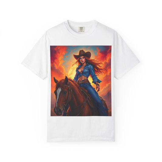 Cowgirl on Horseback T-Shirt — Western Sunset Graphic Tee