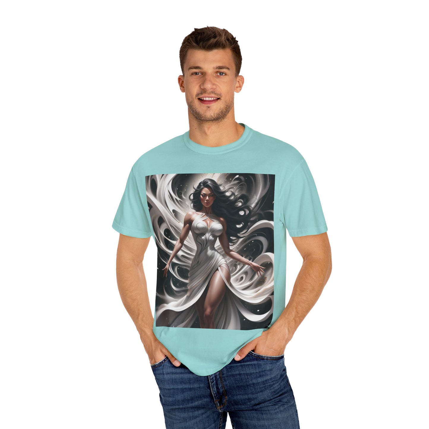 Goddess Art T-Shirt — Elegant White-Draped Fantasy Woman Print