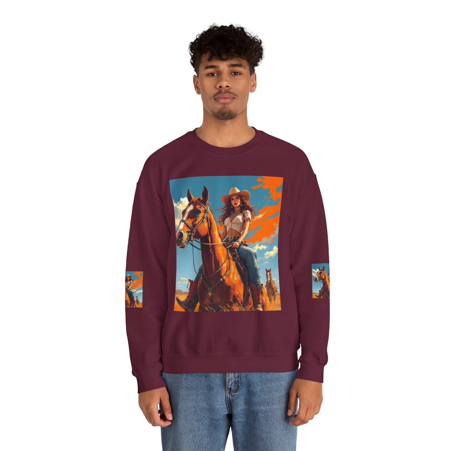 Cowgirl Riding Horse Sweatshirt — Western Sunset Graphic Crewneck