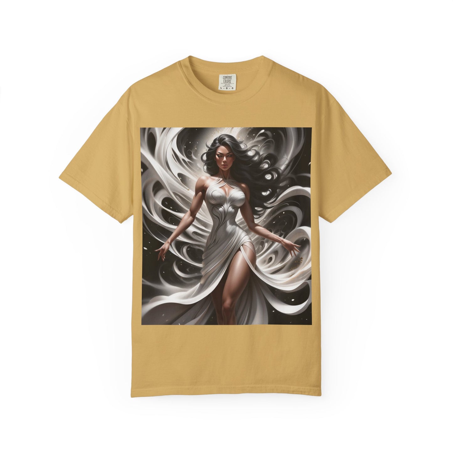 Goddess Art T-Shirt — Elegant White-Draped Fantasy Woman Print