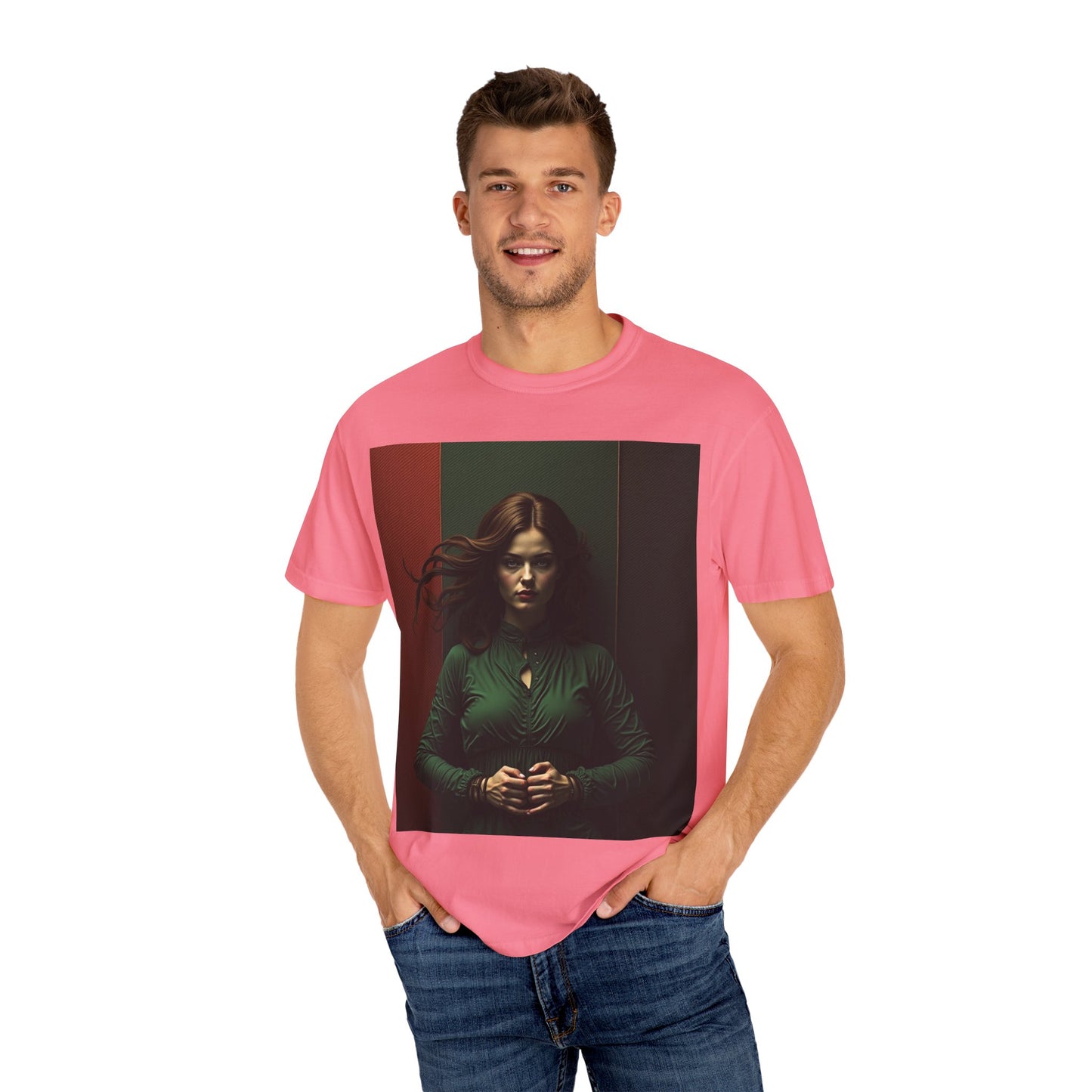 Portrait Photo Tee — Moody Green Woman Graphic T-Shirt