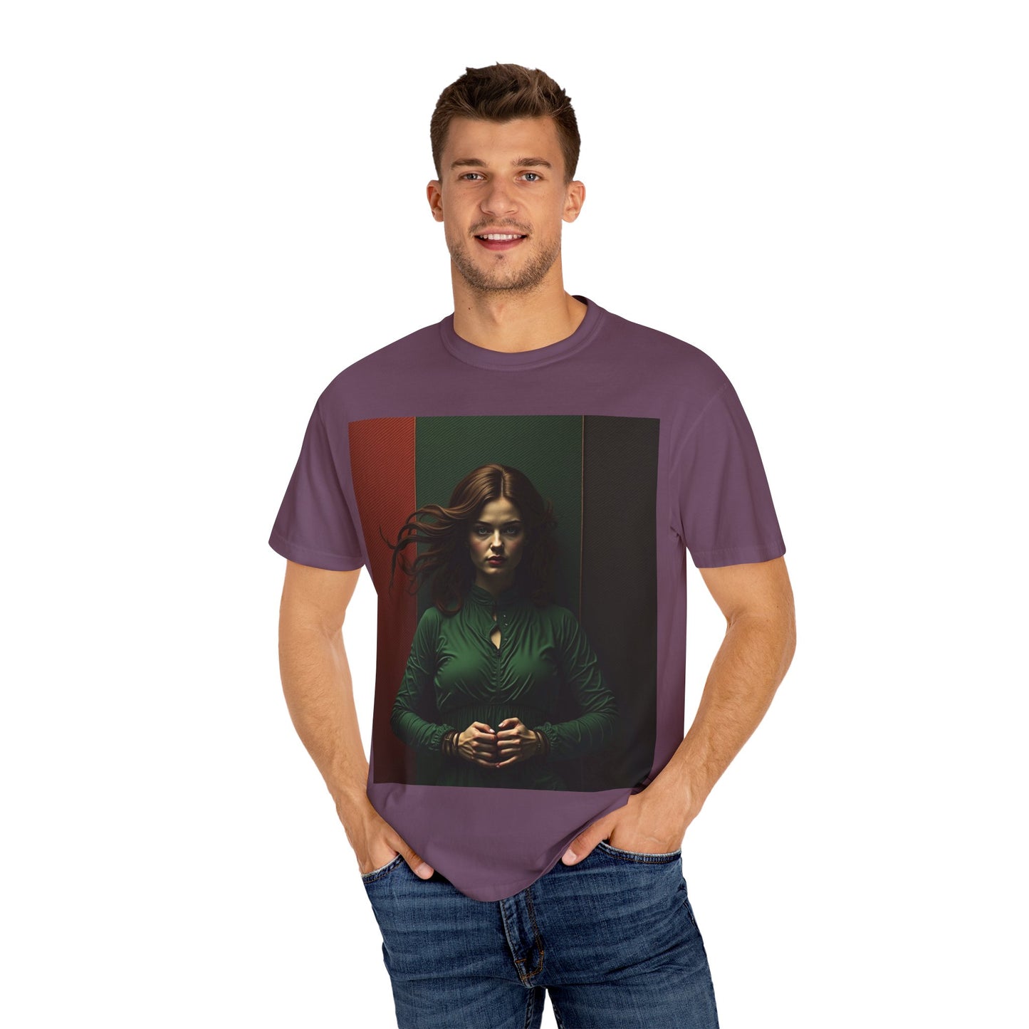 Portrait Photo Tee — Moody Green Woman Graphic T-Shirt