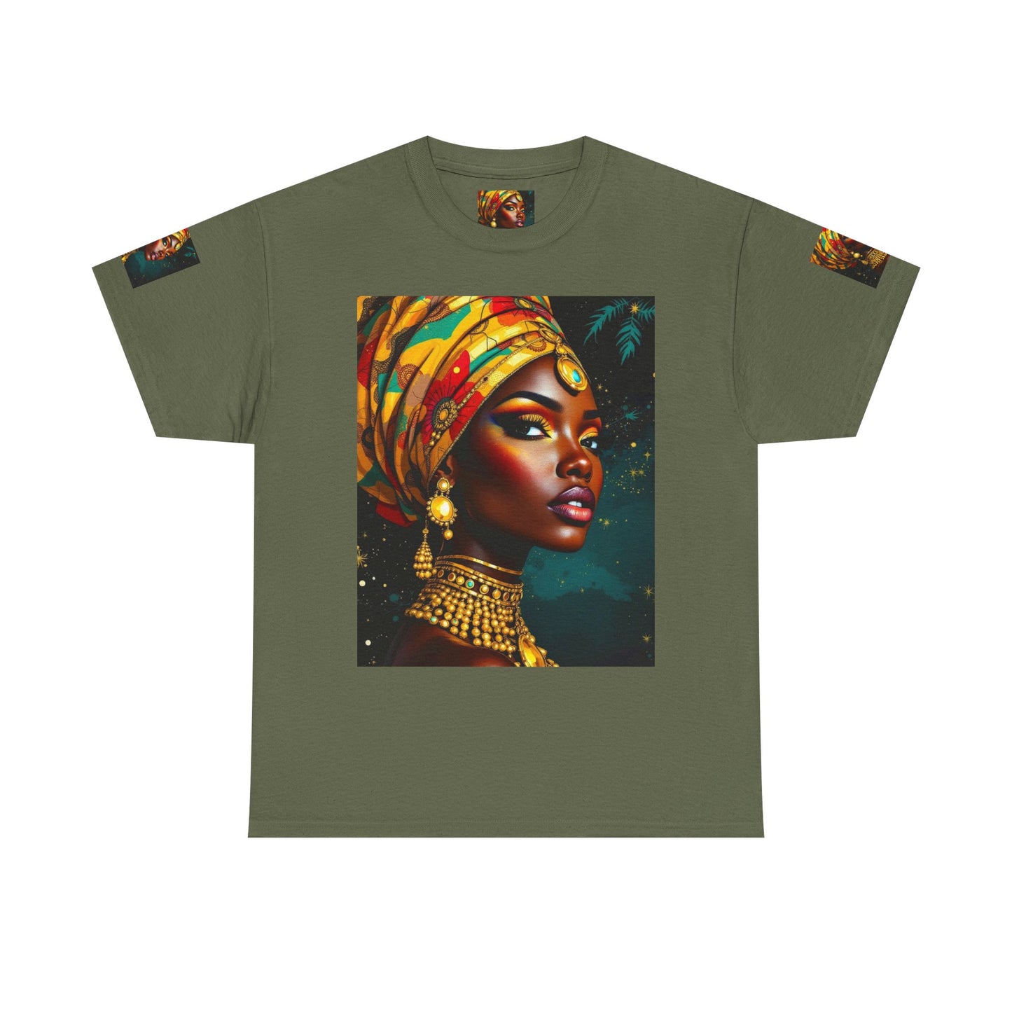 African Queen Portrait T-Shirt — Bold Headwrap & Gold Jewelry Graphic Tee