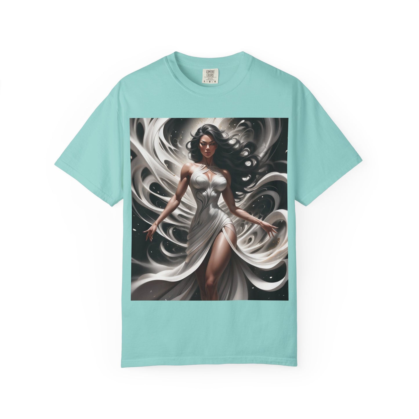 Goddess Art T-Shirt — Elegant White-Draped Fantasy Woman Print
