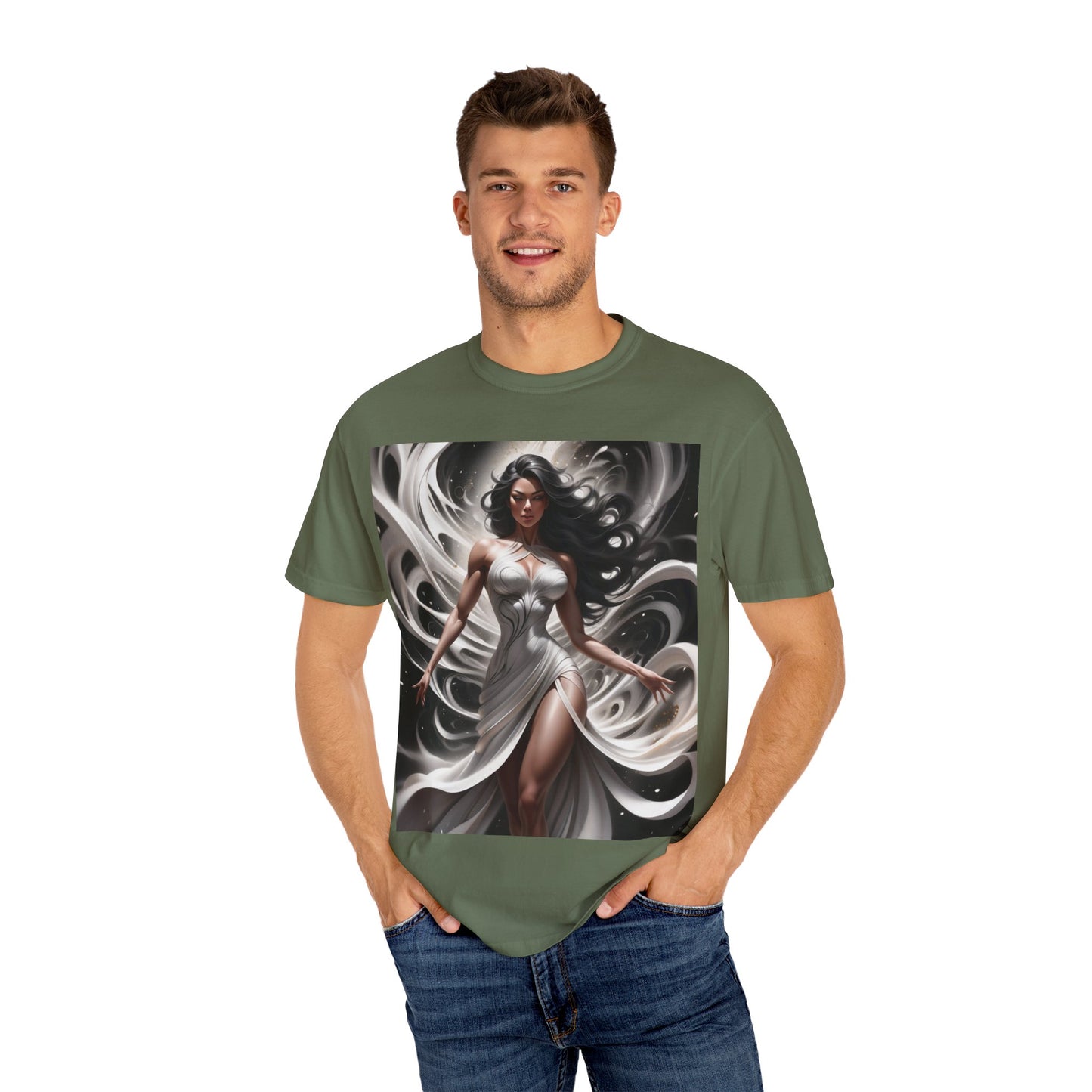Goddess Art T-Shirt — Elegant White-Draped Fantasy Woman Print