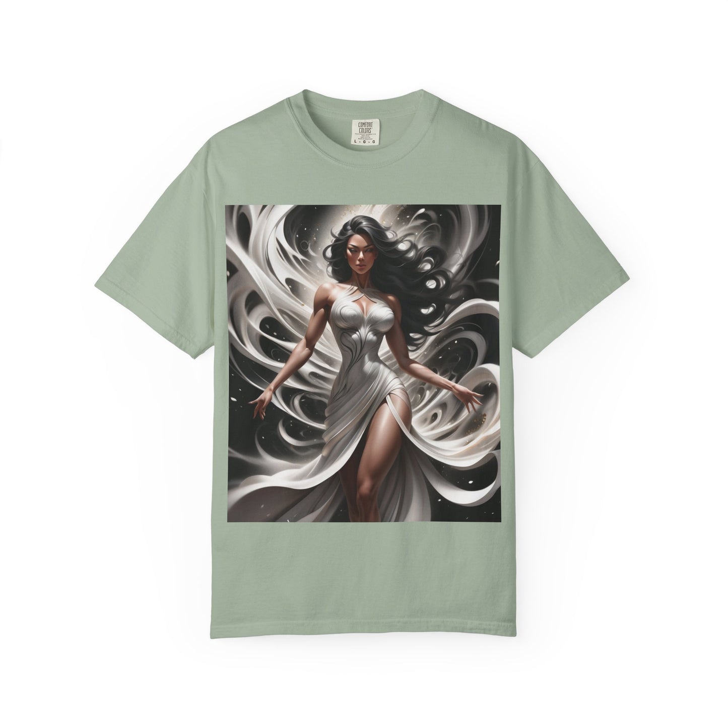 Goddess Art T-Shirt — Elegant White-Draped Fantasy Woman Print