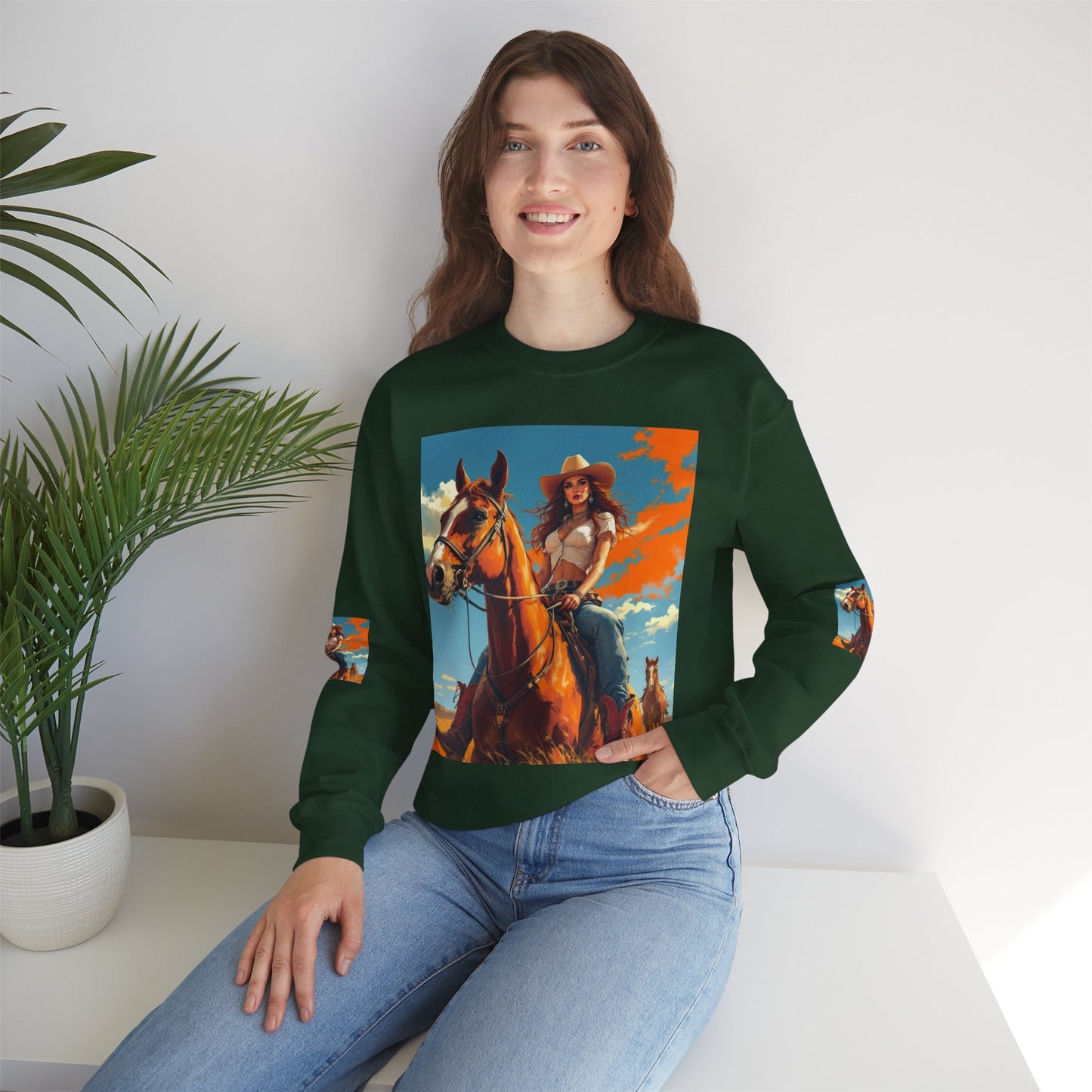 Cowgirl Riding Horse Sweatshirt — Western Sunset Graphic Crewneck