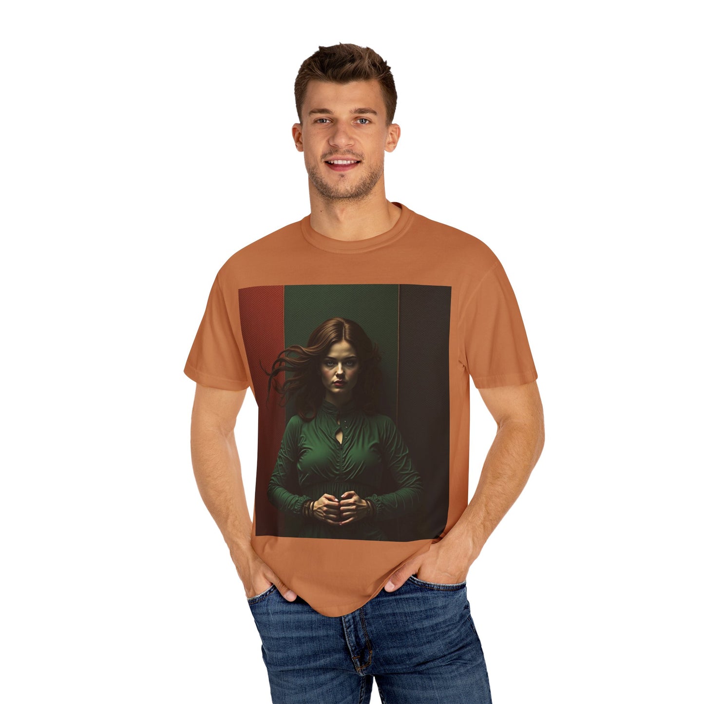 Portrait Photo Tee — Moody Green Woman Graphic T-Shirt