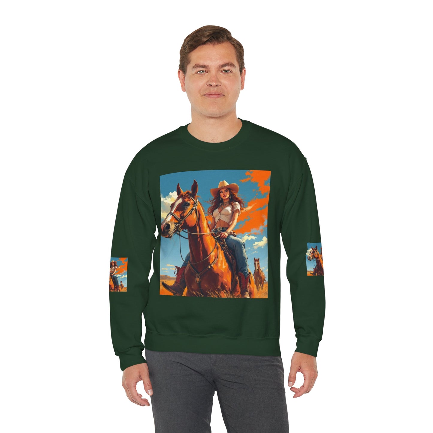 Cowgirl Riding Horse Sweatshirt — Western Sunset Graphic Crewneck