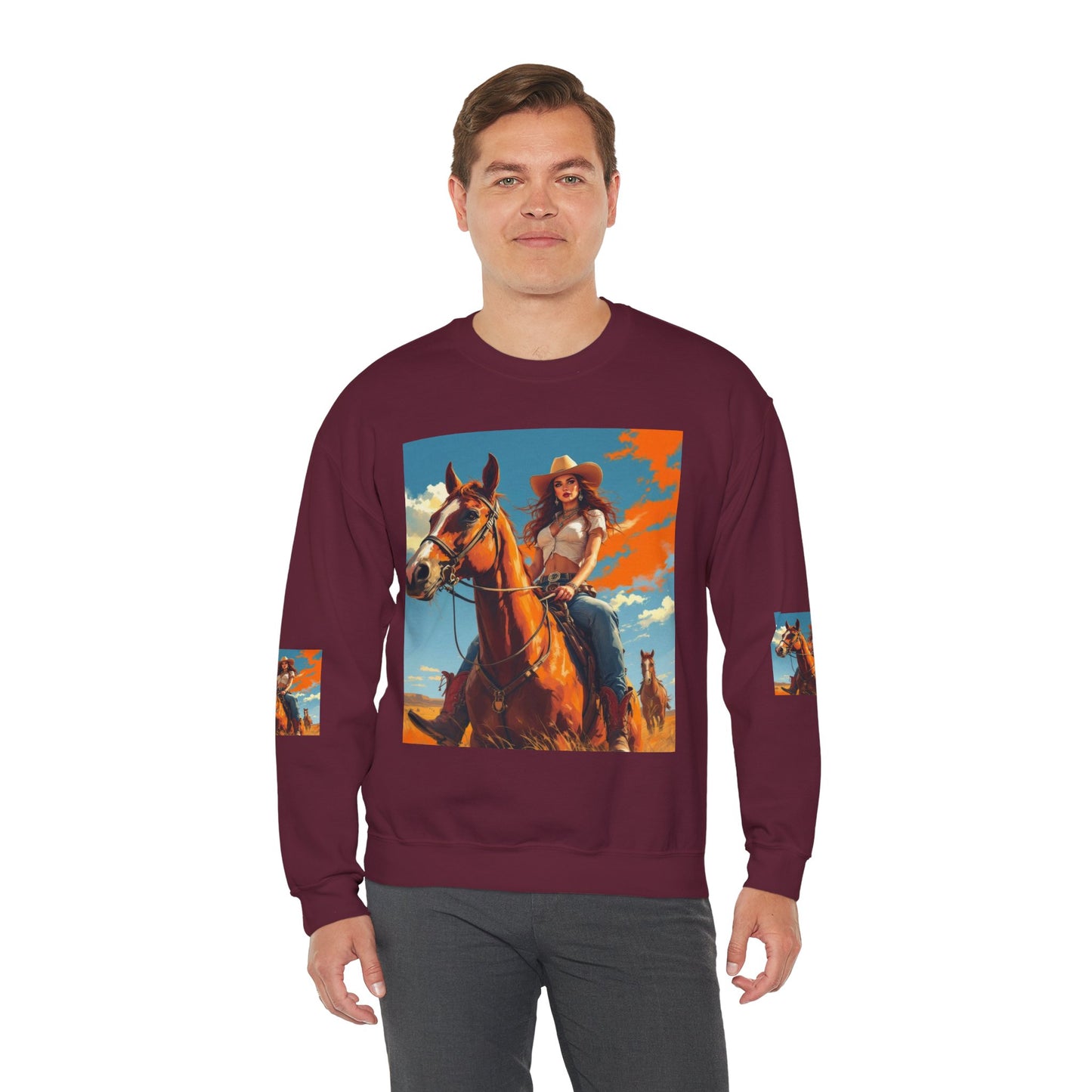 Cowgirl Riding Horse Sweatshirt — Western Sunset Graphic Crewneck