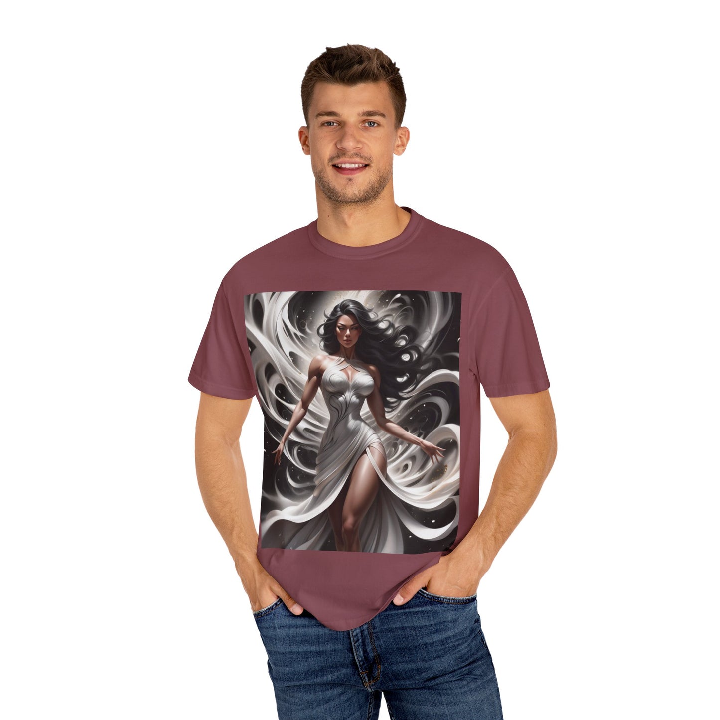 Goddess Art T-Shirt — Elegant White-Draped Fantasy Woman Print