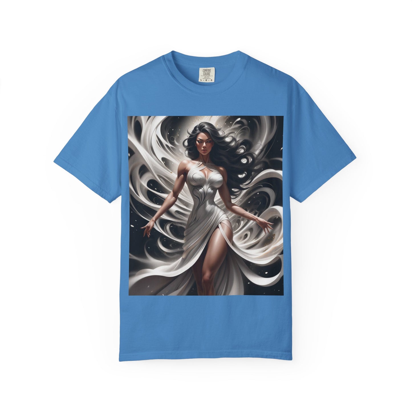 Goddess Art T-Shirt — Elegant White-Draped Fantasy Woman Print