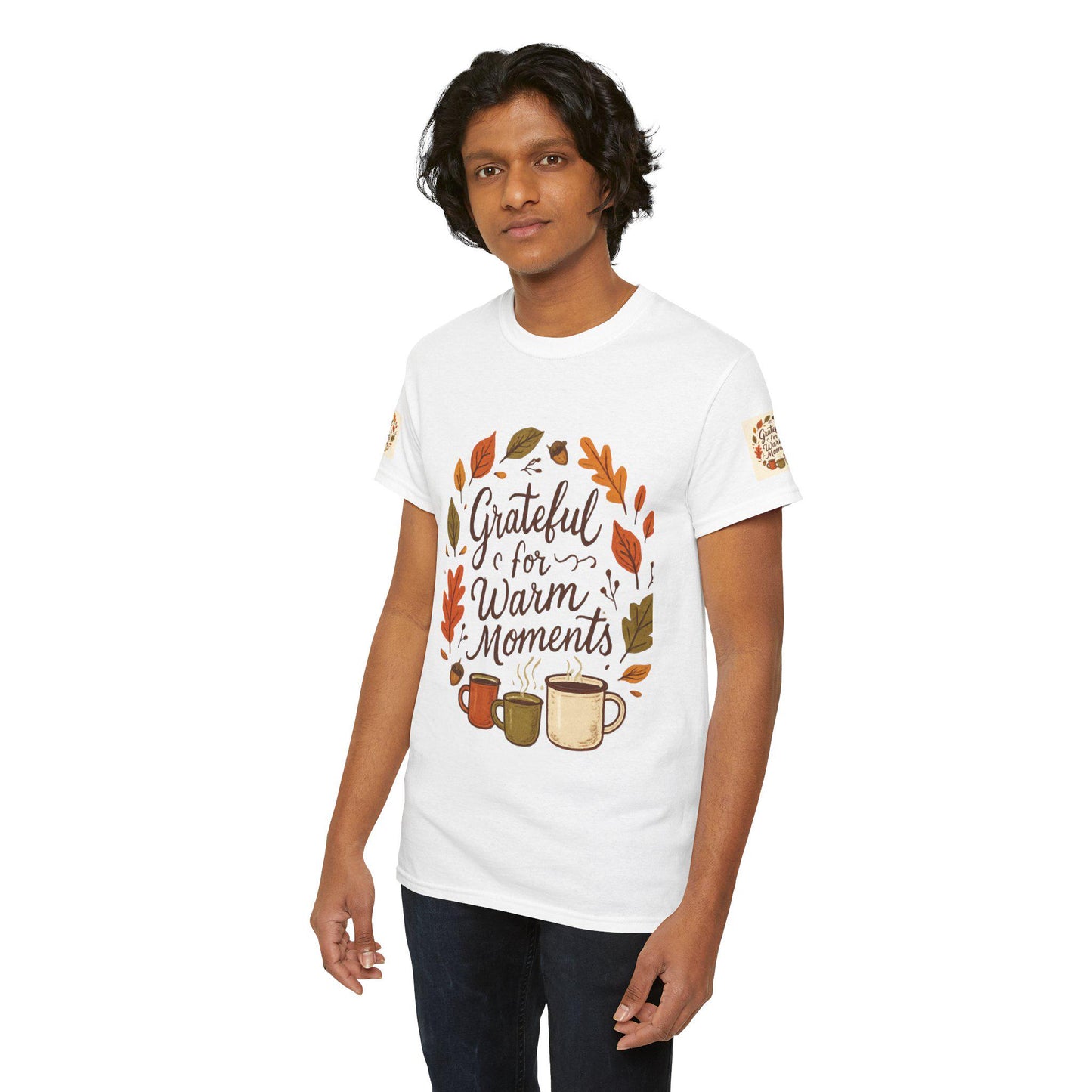 Grateful for Warm Moments Tee | Autumn Leaves, Coffee Mugs, Cozy Fall Design