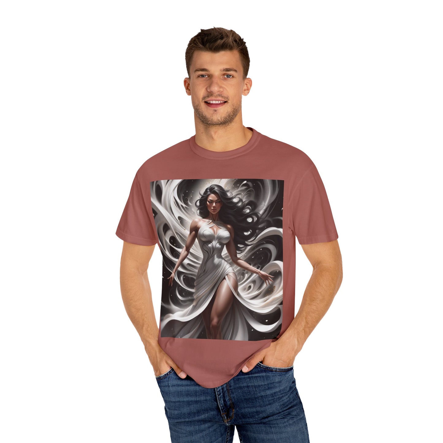Goddess Art T-Shirt — Elegant White-Draped Fantasy Woman Print
