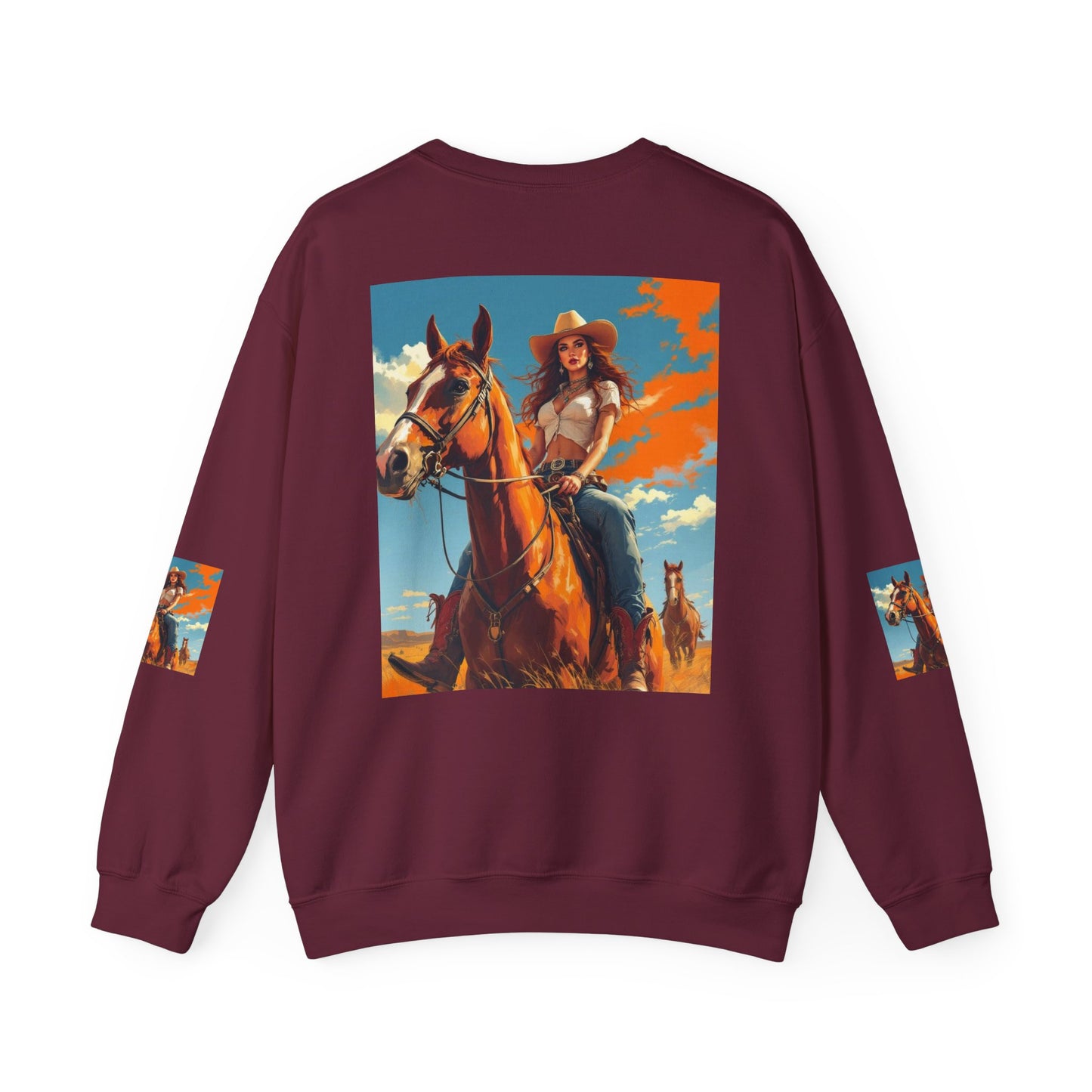 Cowgirl Riding Horse Sweatshirt — Western Sunset Graphic Crewneck
