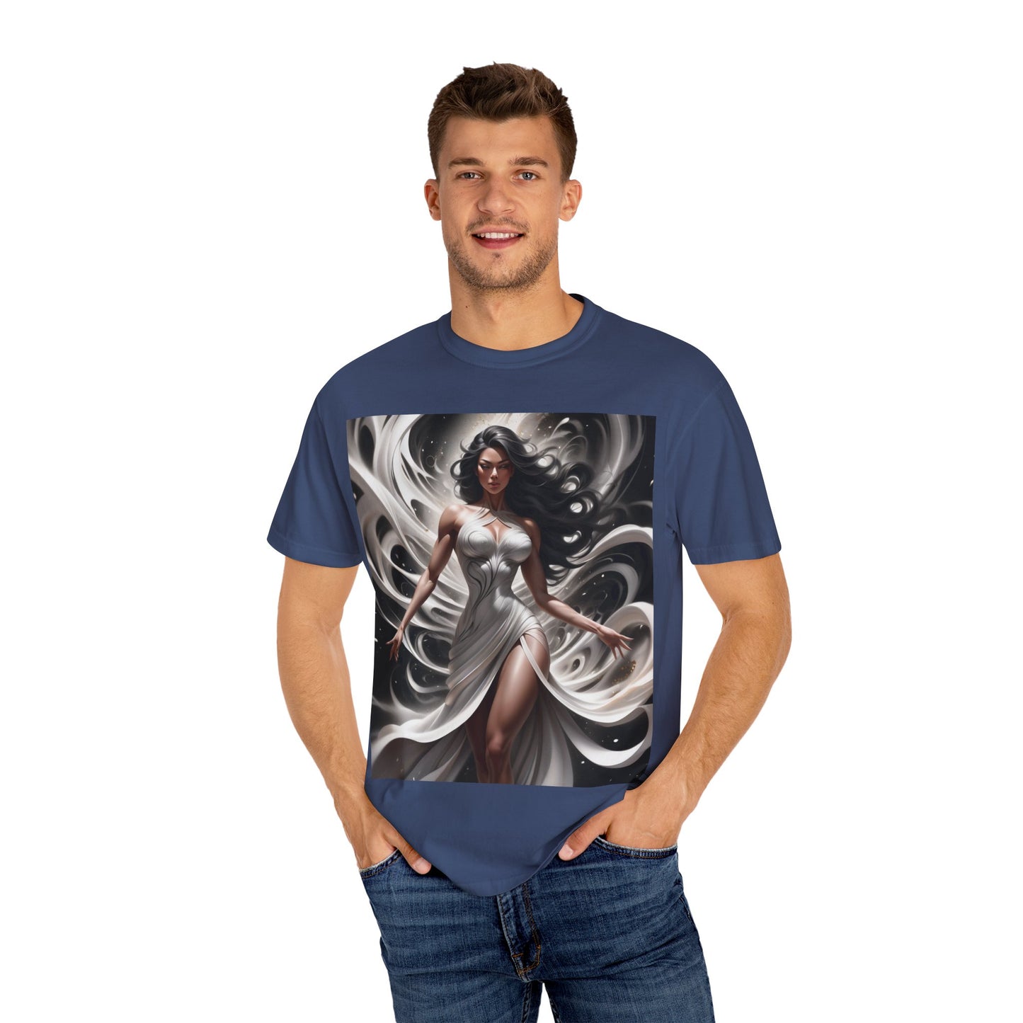 Goddess Art T-Shirt — Elegant White-Draped Fantasy Woman Print