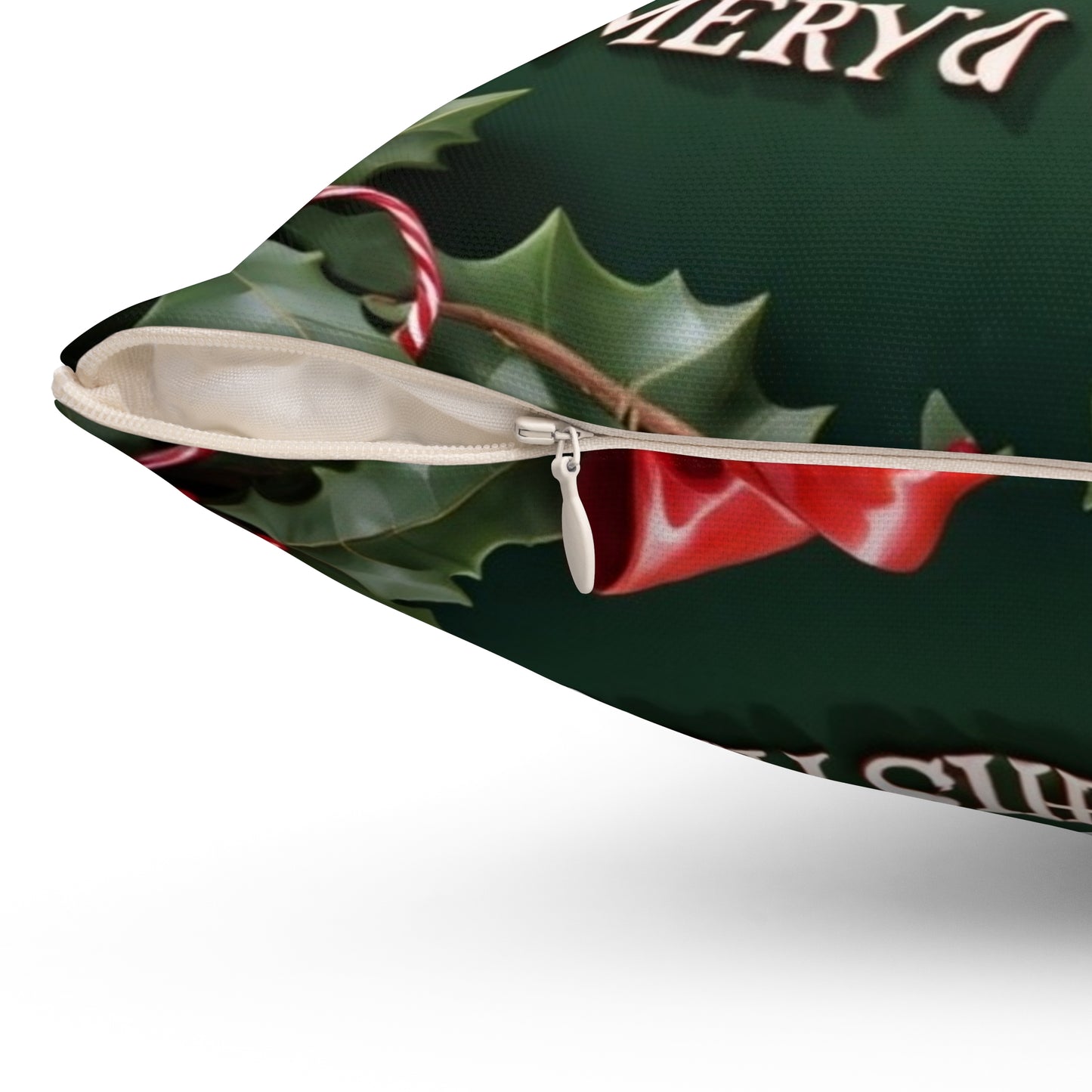 Merry Christmas Decorative Pillow — Festive Green Holiday Throw Pillow with Holly & Ornaments