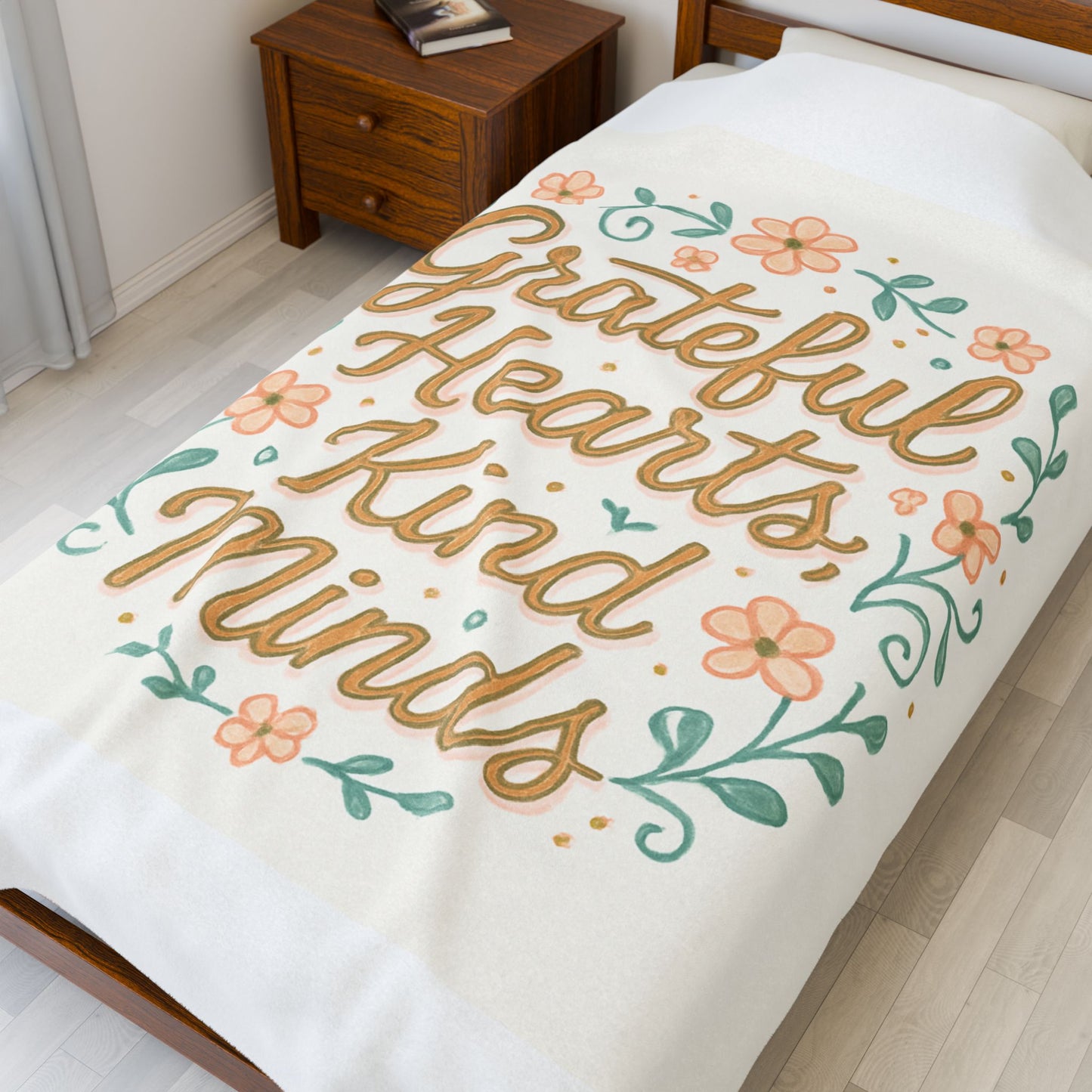 Grateful Hearts Kind Minds Velveteen Plush Blanket — Floral Inspirational Throw
