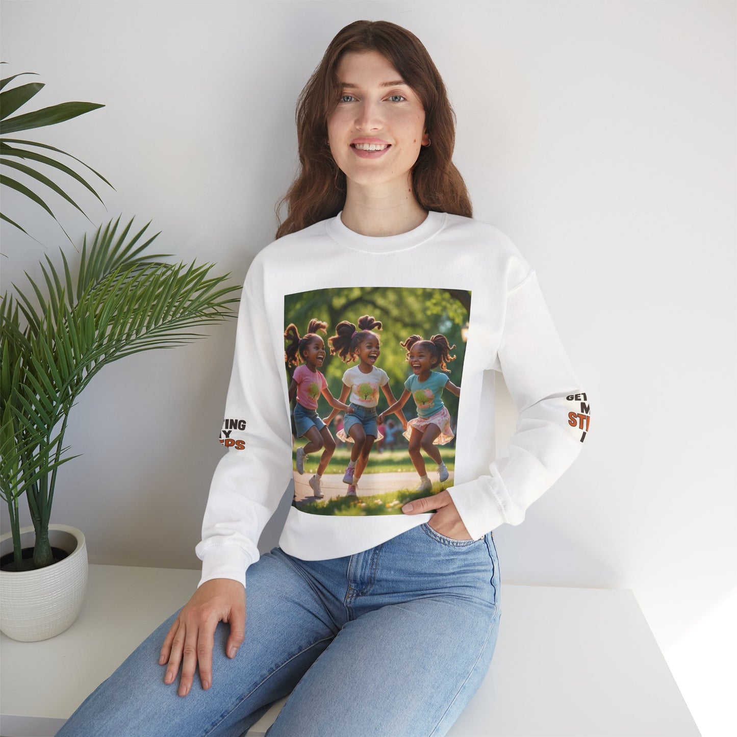 Crewneck Sweatshirt — "Getting My Steps In" Graphic with Kids Playing