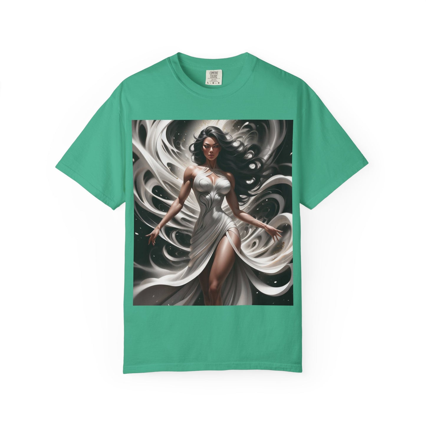 Goddess Art T-Shirt — Elegant White-Draped Fantasy Woman Print