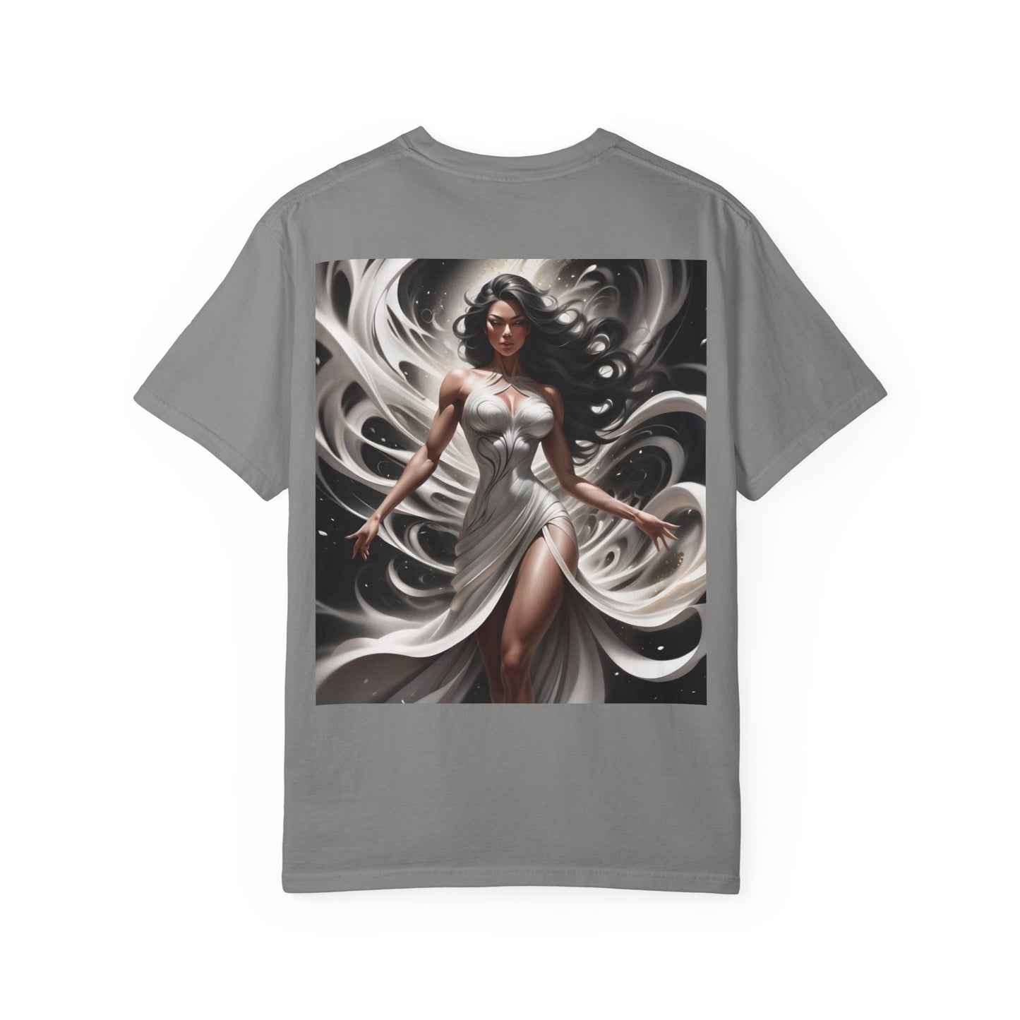 Goddess Art T-Shirt — Elegant White-Draped Fantasy Woman Print
