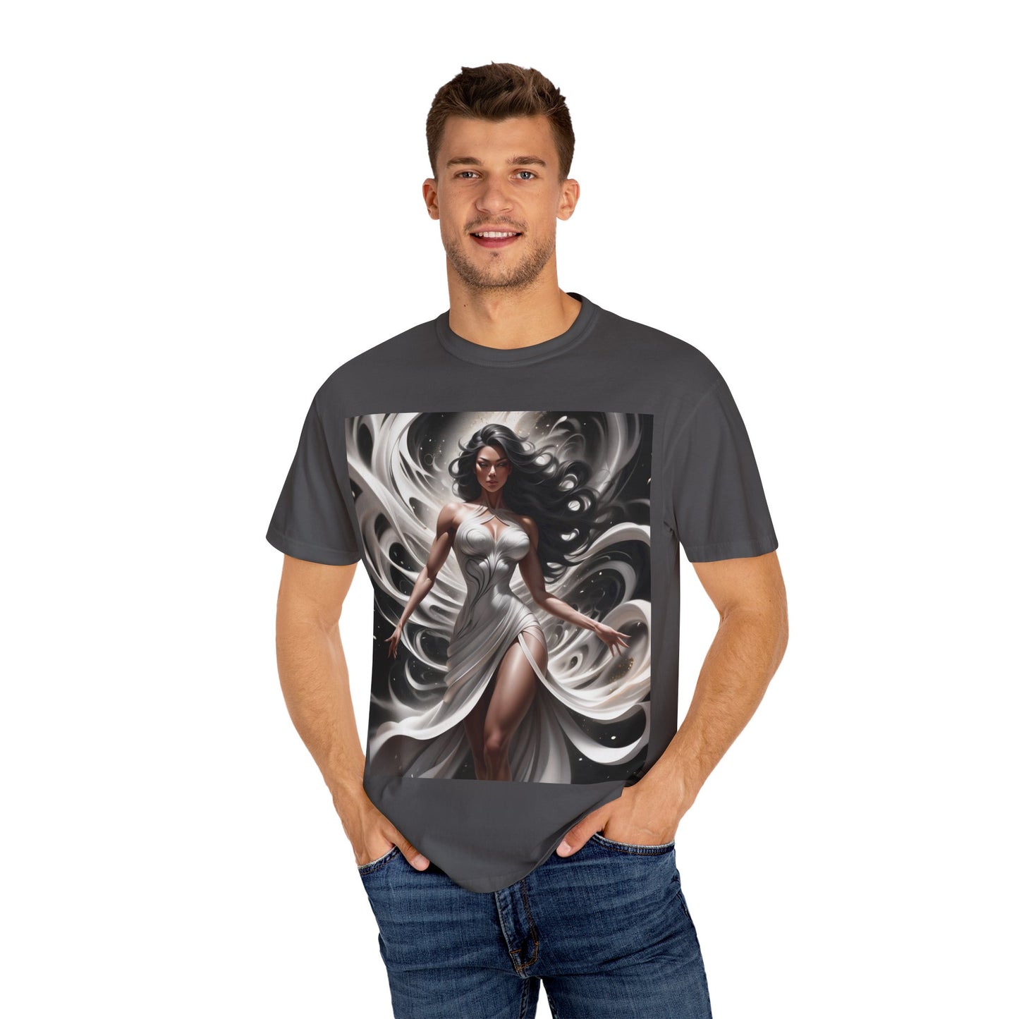Goddess Art T-Shirt — Elegant White-Draped Fantasy Woman Print