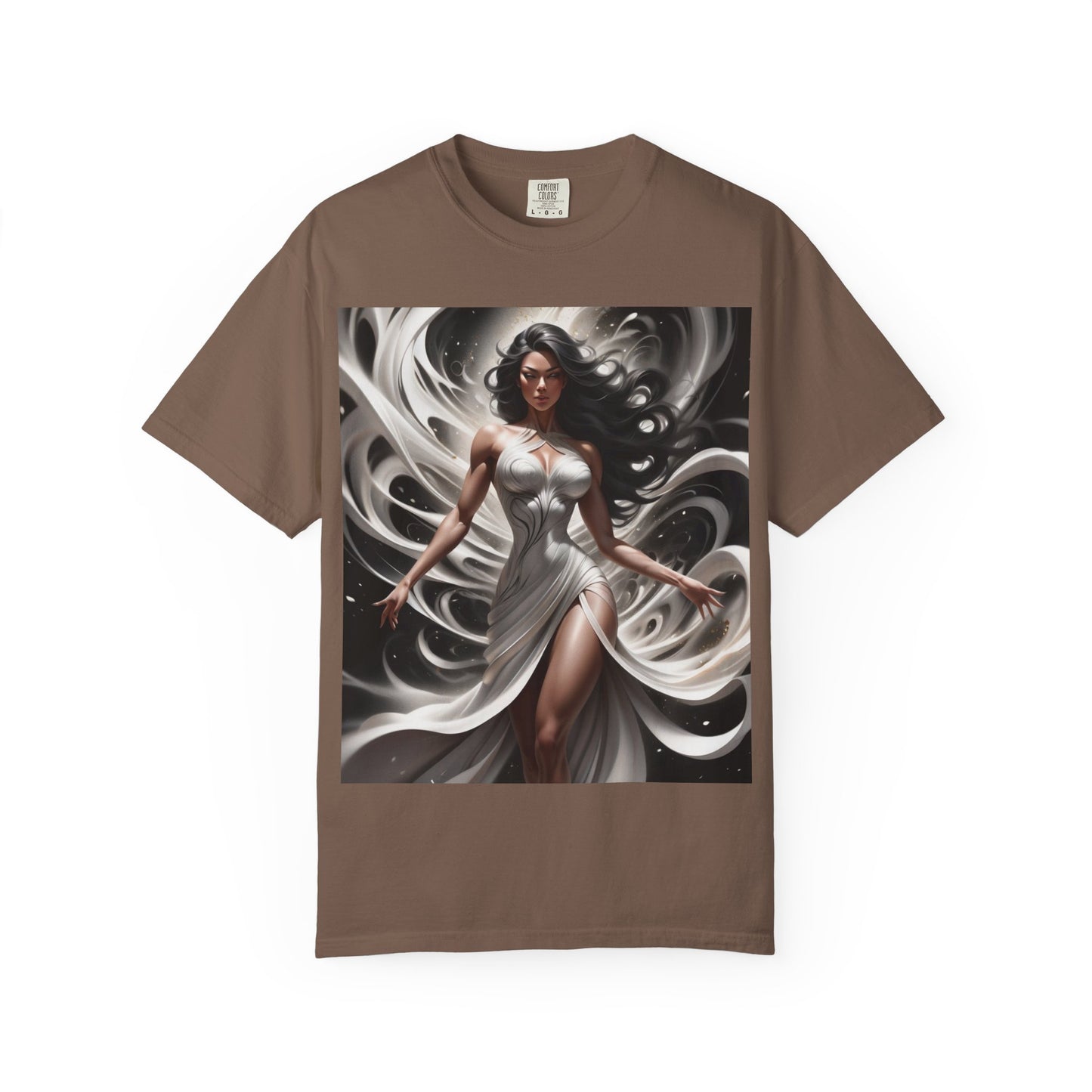 Goddess Art T-Shirt — Elegant White-Draped Fantasy Woman Print