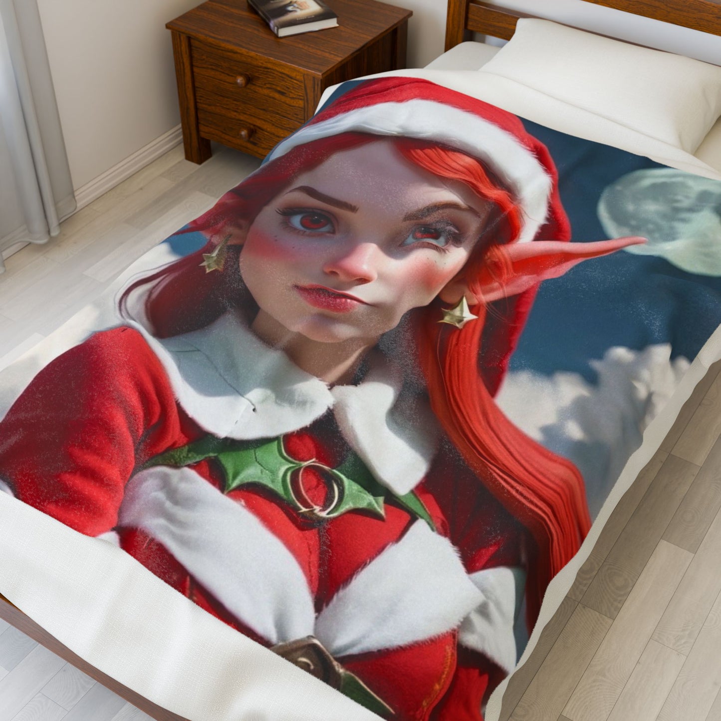 Christmas Elf Velveteen Plush Blanket — Cute Red-Haired Elf Moon Design