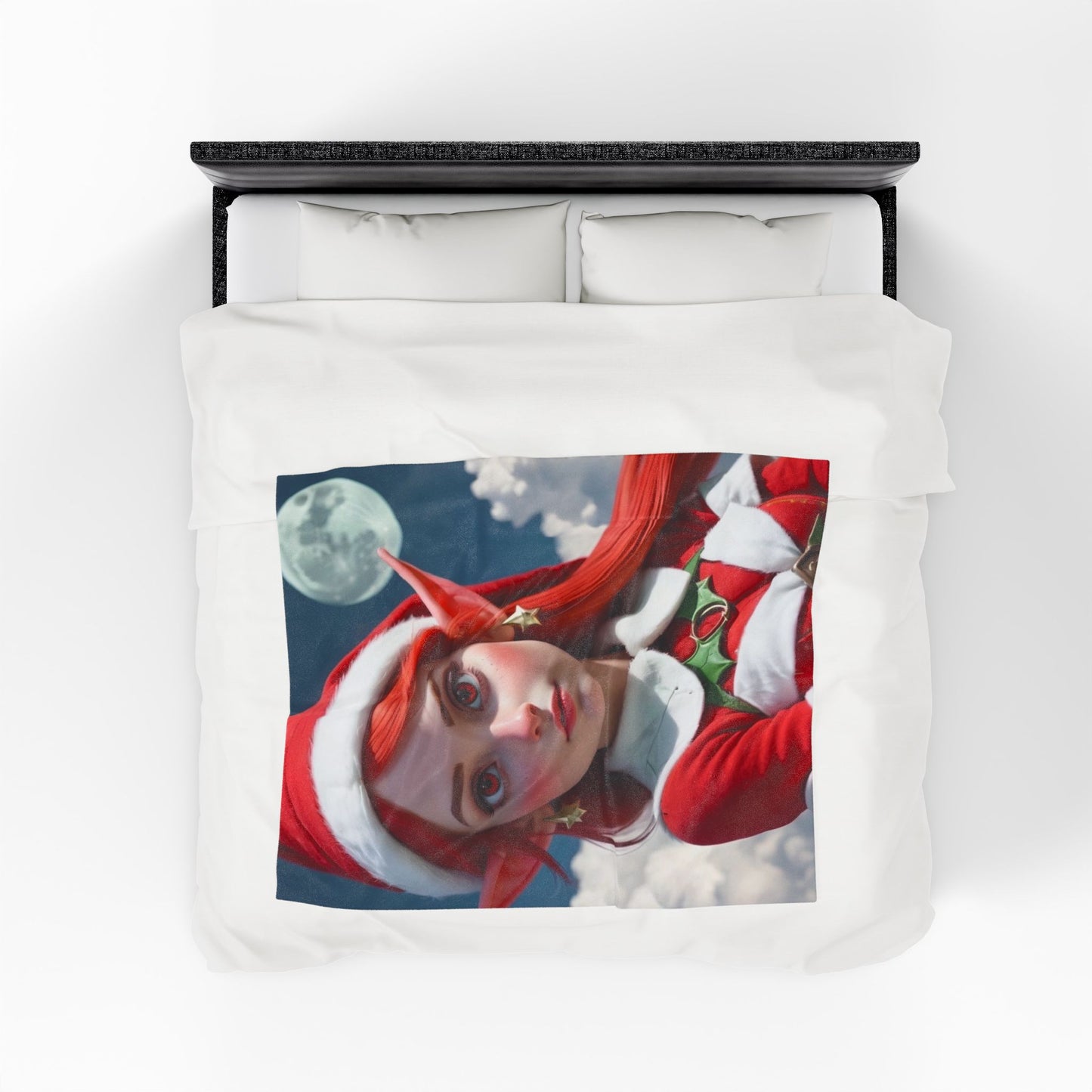 Christmas Elf Velveteen Plush Blanket — Cute Red-Haired Elf Moon Design