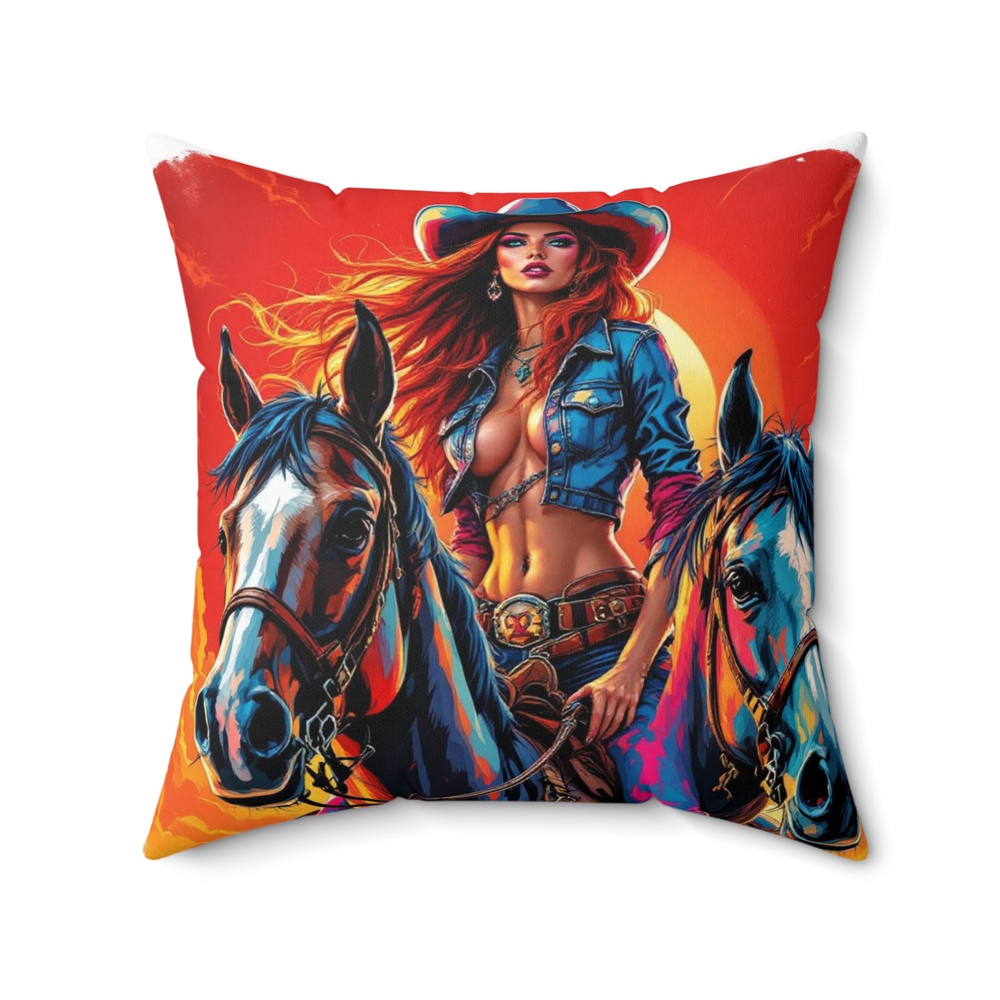 Cowgirl & Horses Graphic Pillow — Vibrant Western Art Throw Pillow