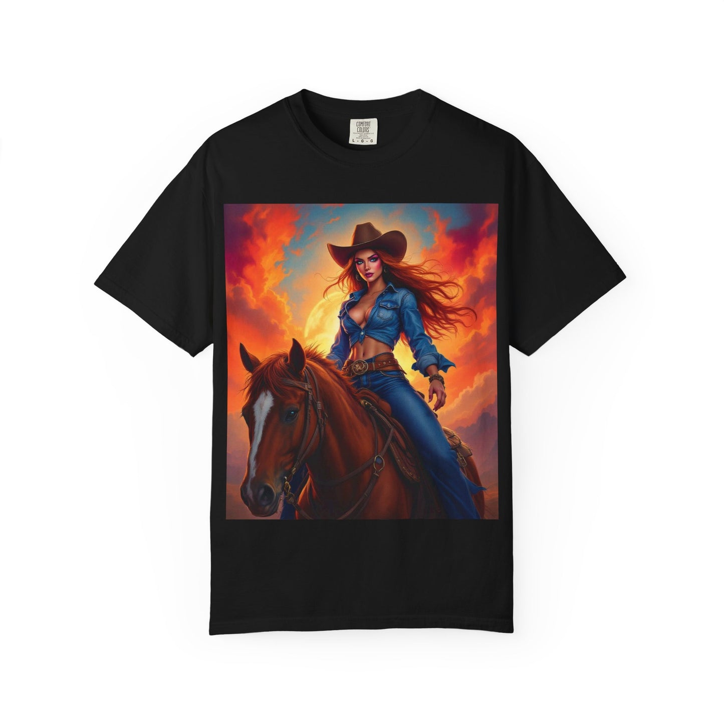 Cowgirl on Horseback T-Shirt — Western Sunset Graphic Tee
