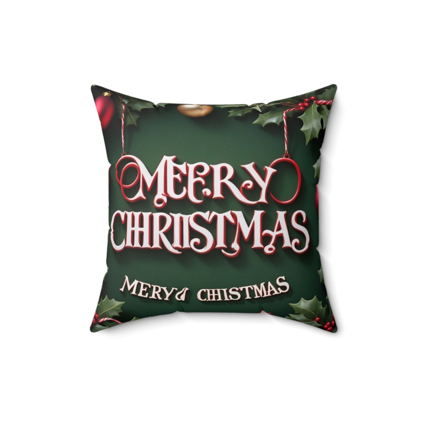 Merry Christmas Decorative Pillow — Festive Green Holiday Throw Pillow with Holly & Ornaments