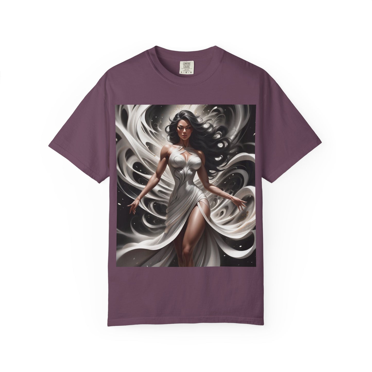Goddess Art T-Shirt — Elegant White-Draped Fantasy Woman Print