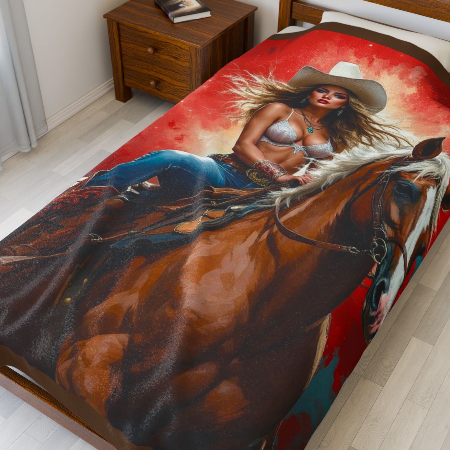 Cowgirl on Horse Velveteen Plush Blanket – Western Rodeo Decorative Throw