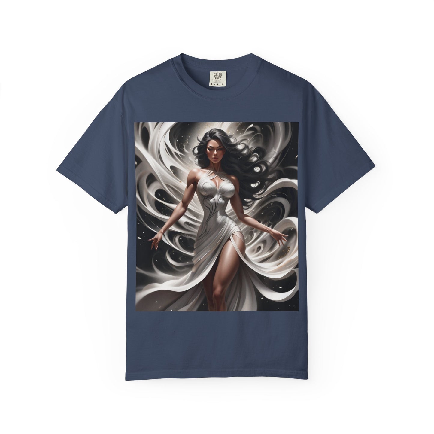 Goddess Art T-Shirt — Elegant White-Draped Fantasy Woman Print