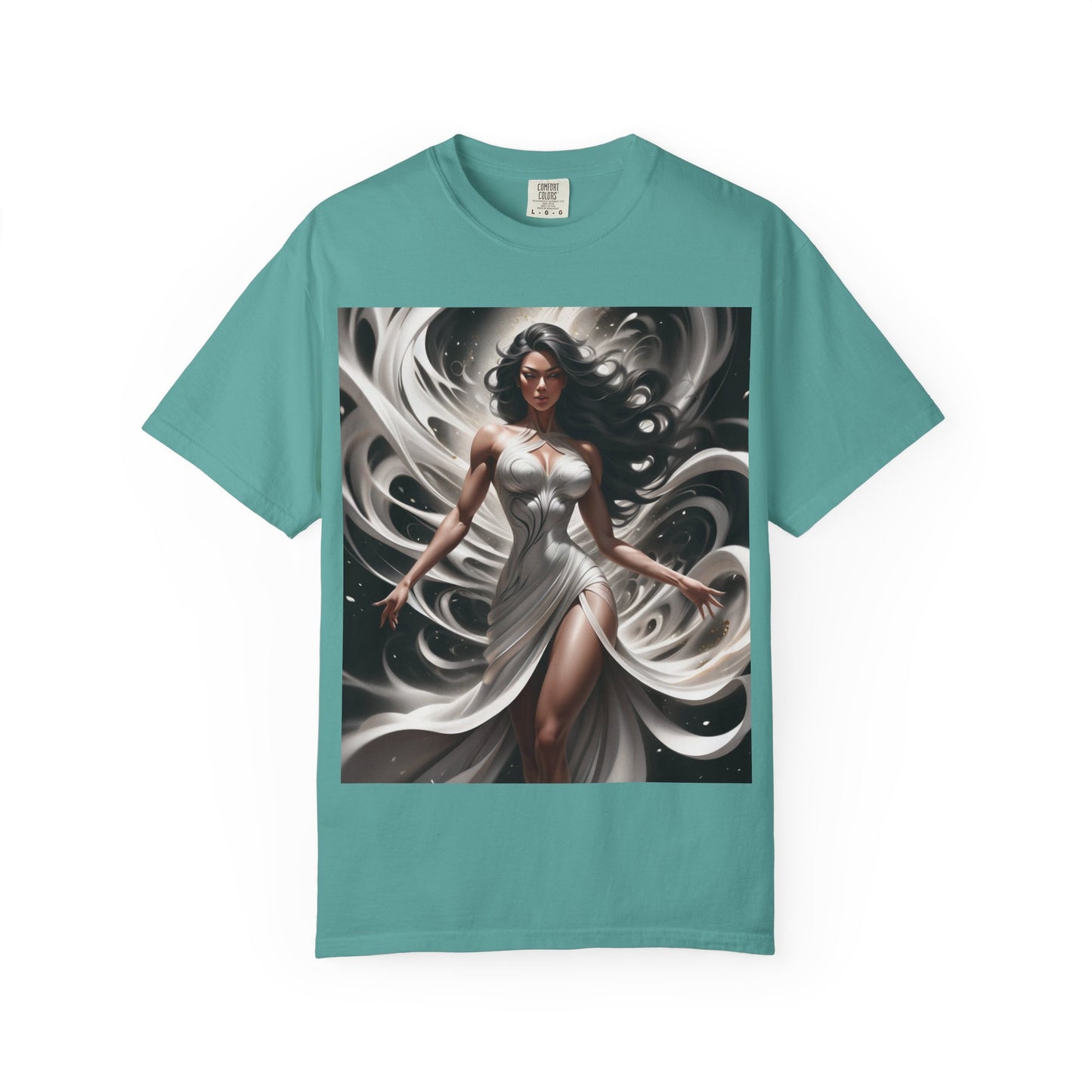 Goddess Art T-Shirt — Elegant White-Draped Fantasy Woman Print