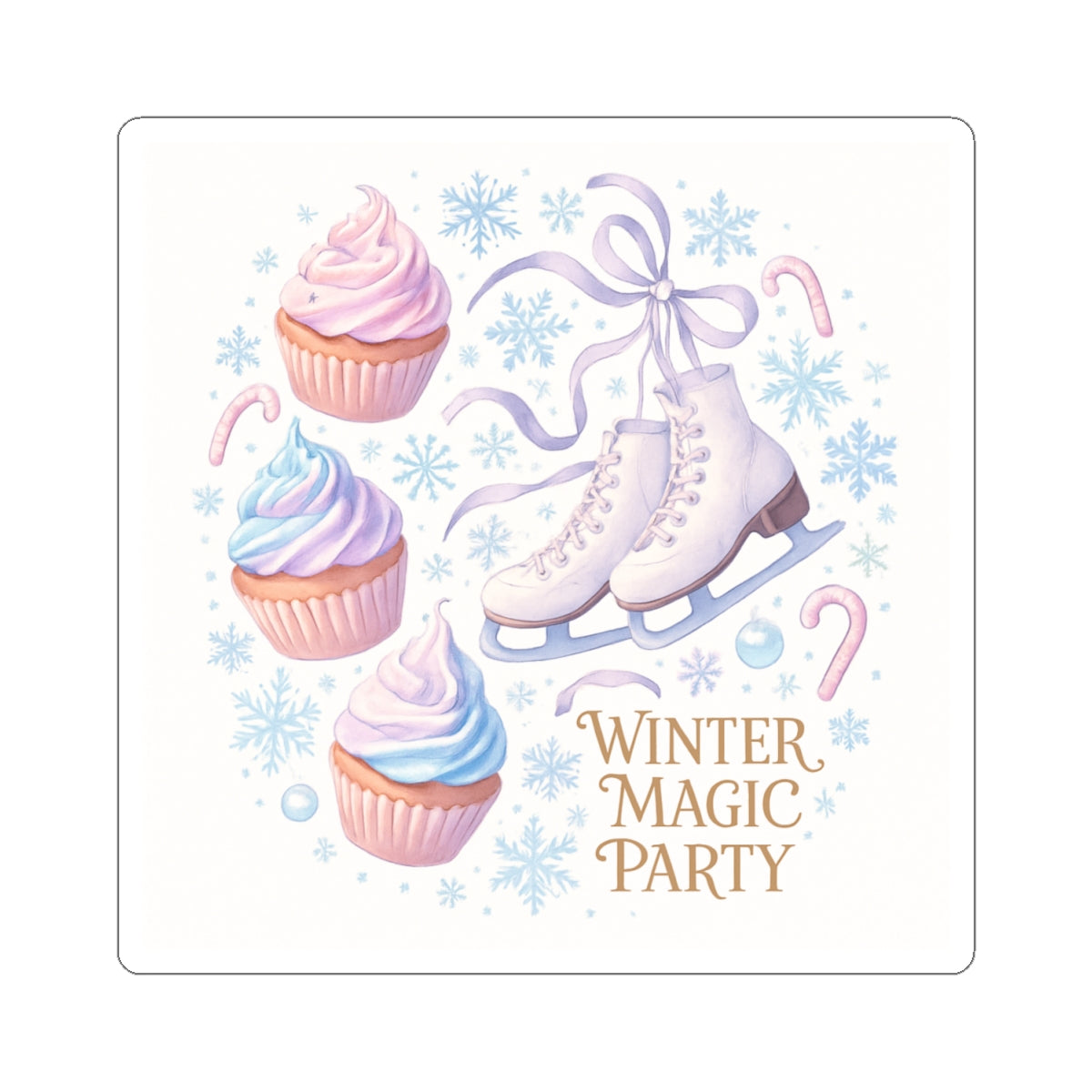 Winter Magic Party Sticker — Ice Skates & Cupcakes Cute Kiss-Cut Decal