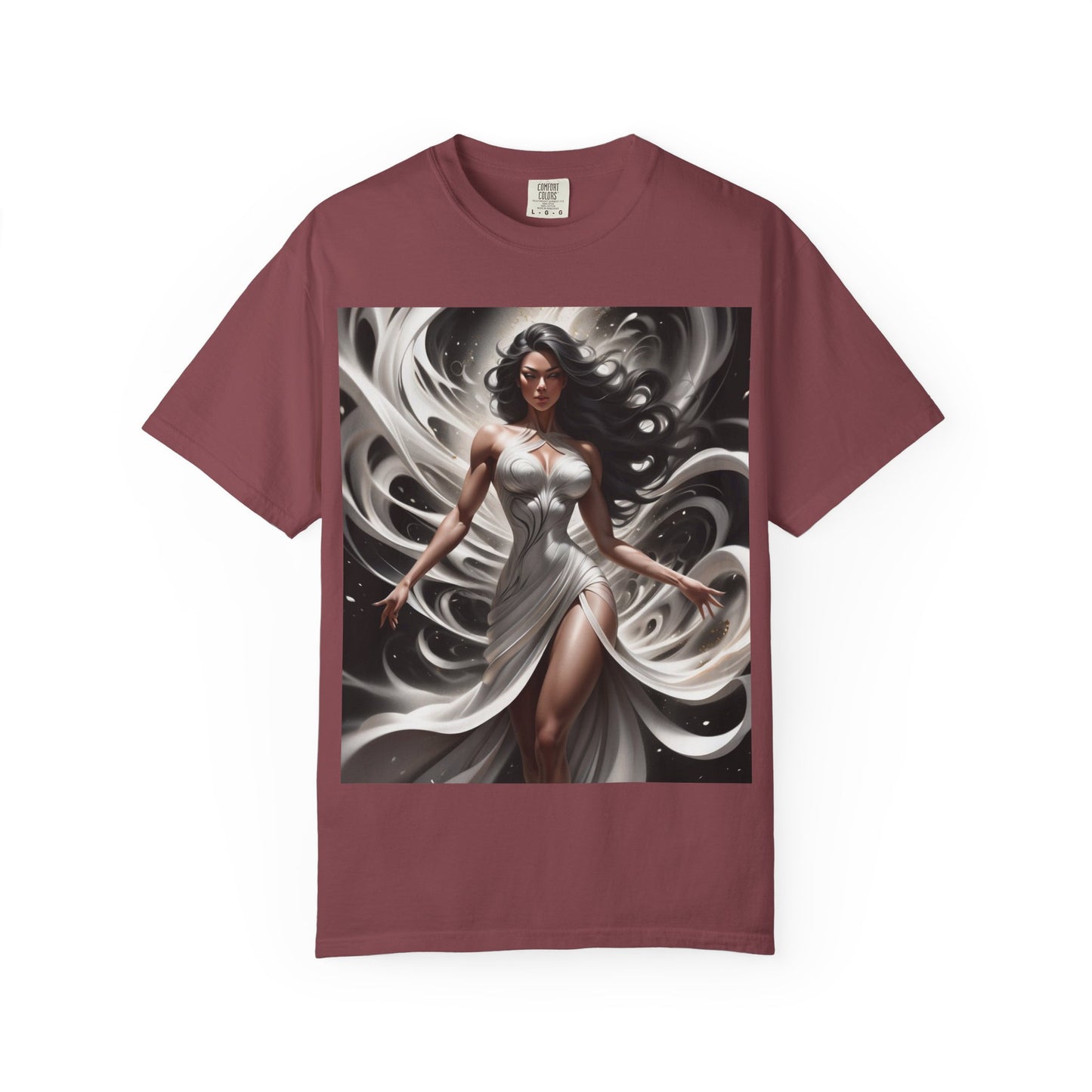Goddess Art T-Shirt — Elegant White-Draped Fantasy Woman Print