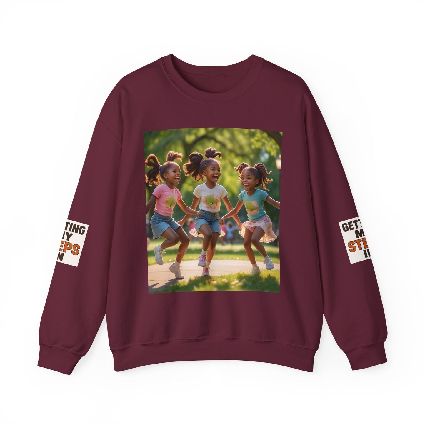 Crewneck Sweatshirt — "Getting My Steps In" Graphic with Kids Playing