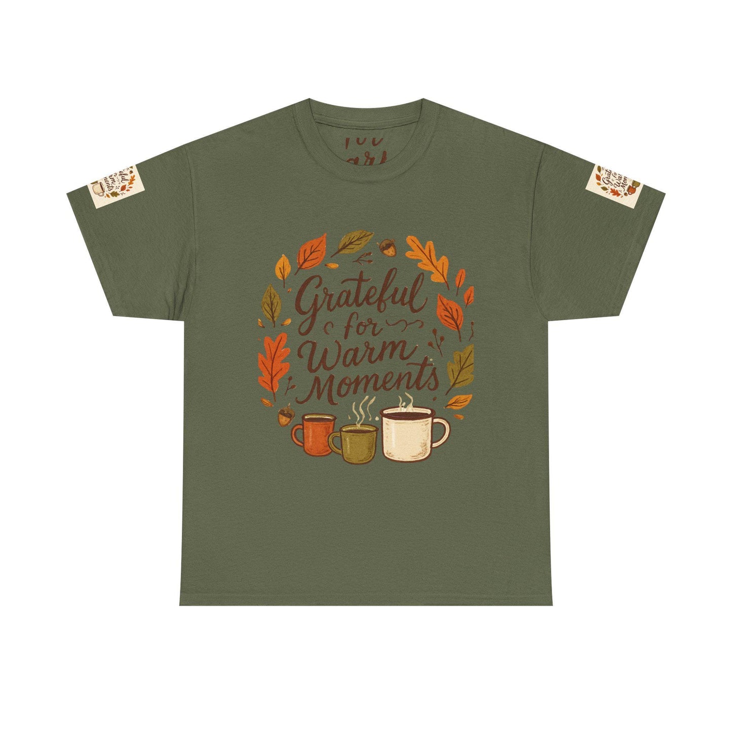 Grateful for Warm Moments Tee | Autumn Leaves, Coffee Mugs, Cozy Fall Design