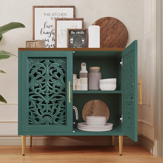 Green Accent Cabinet Carved Storage Vintage Furniture