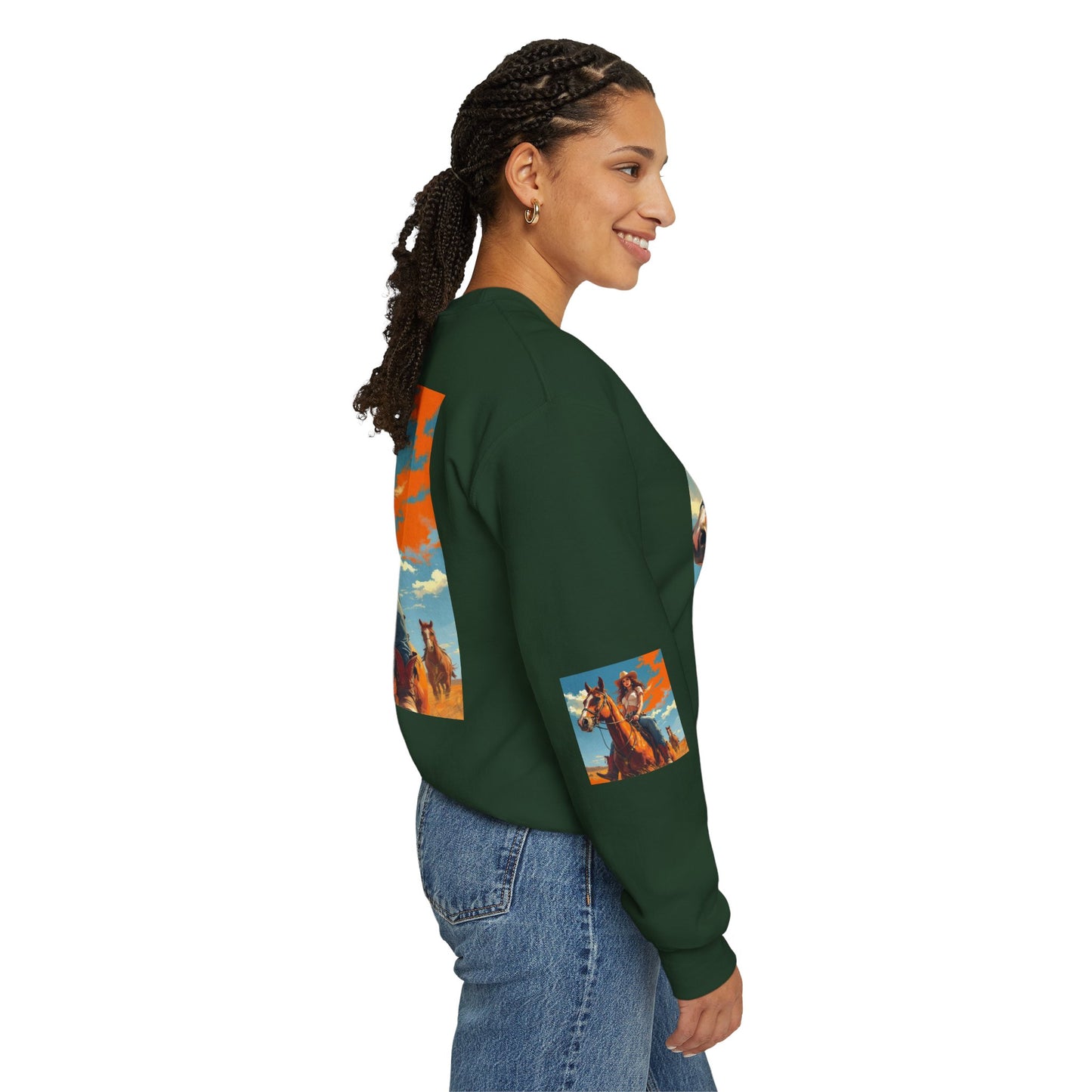 Cowgirl Riding Horse Sweatshirt — Western Sunset Graphic Crewneck