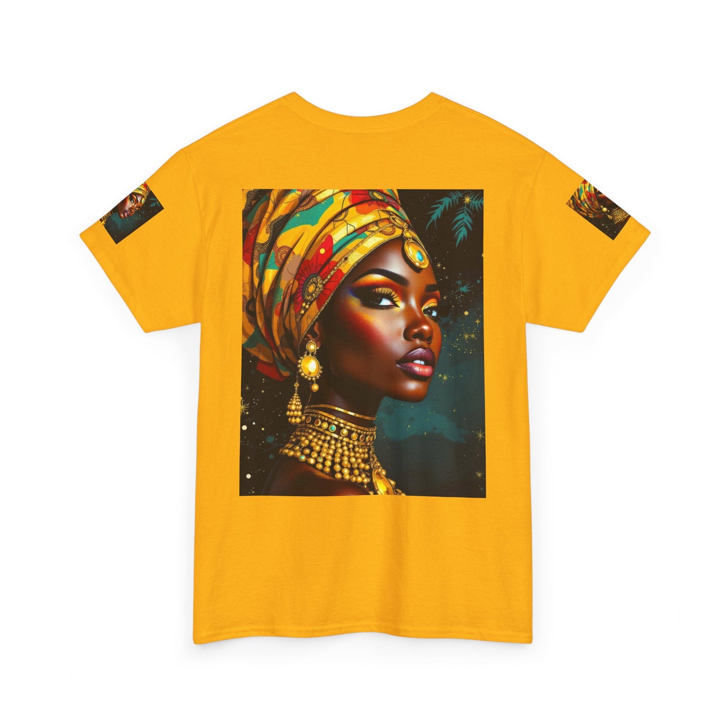 African Queen Portrait T-Shirt — Bold Headwrap & Gold Jewelry Graphic Tee