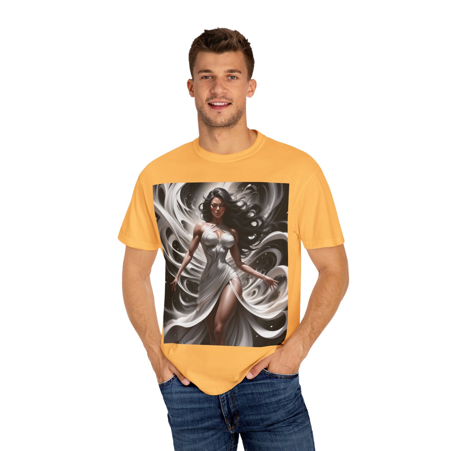 Goddess Art T-Shirt — Elegant White-Draped Fantasy Woman Print