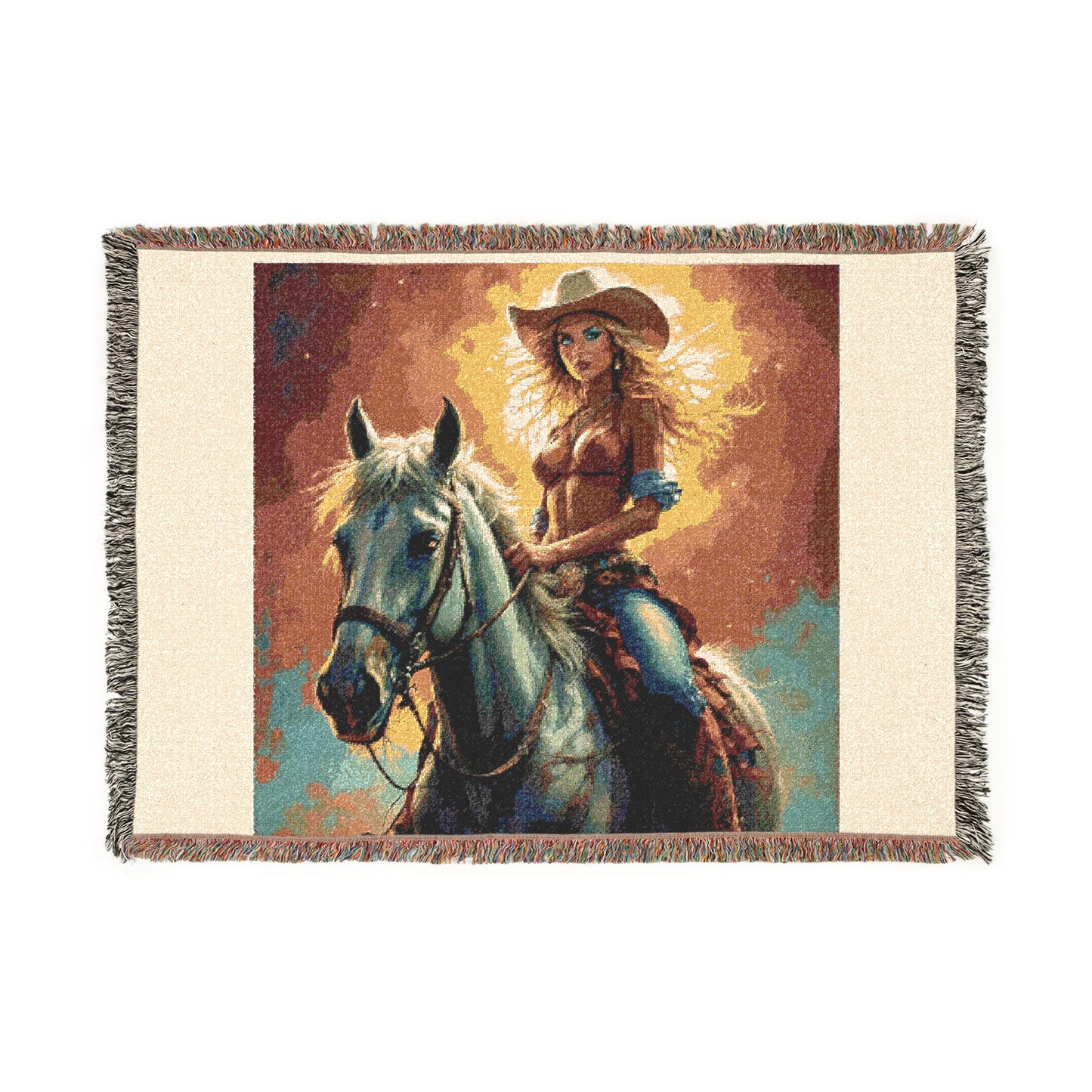 Cowgirl on Horse Woven Blanket — Western Cowboy Throw Blanket