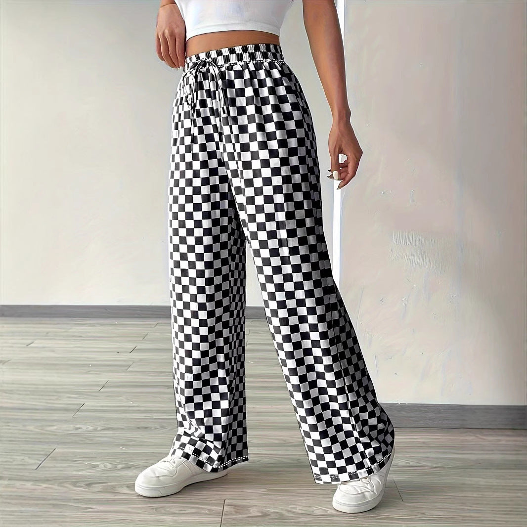 Women's Casual High-waisted Checkered Straight-leg Pants