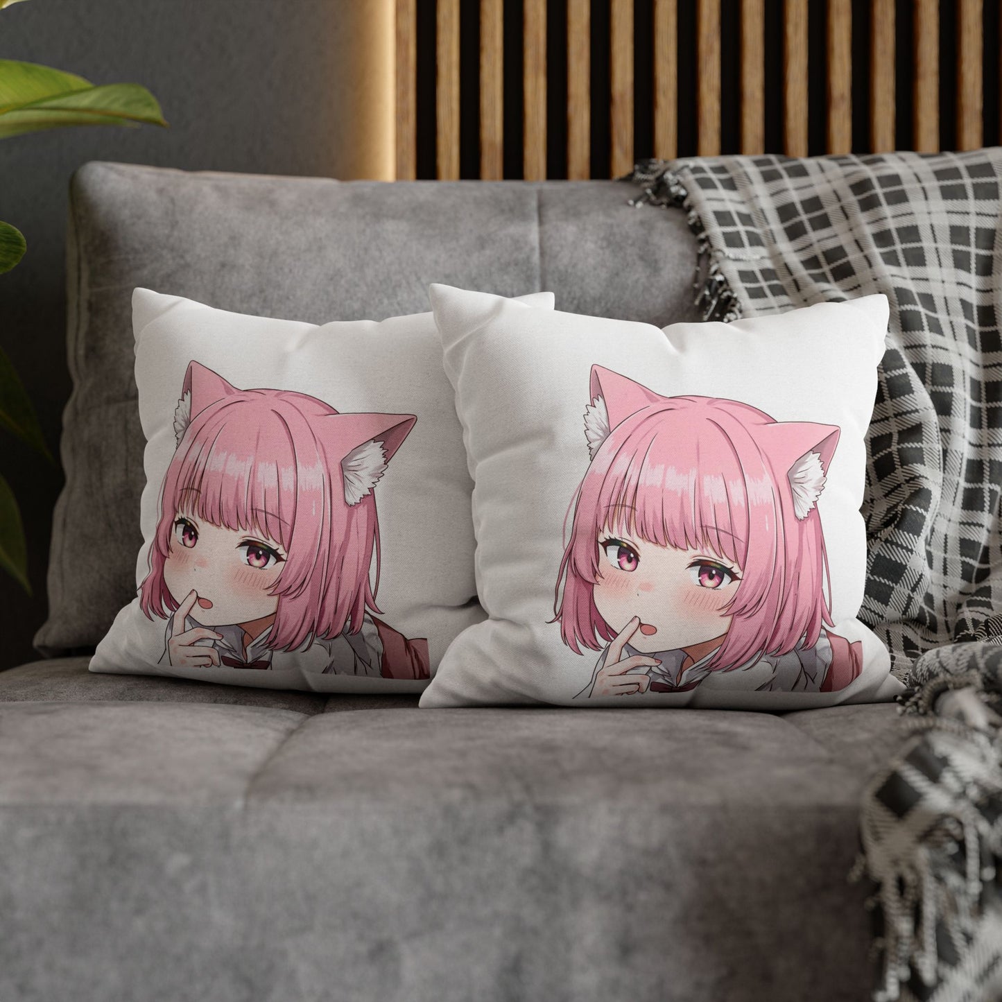 Anime Catgirl Pillowcase — Pink Neko Girl Decorative Throw Pillow