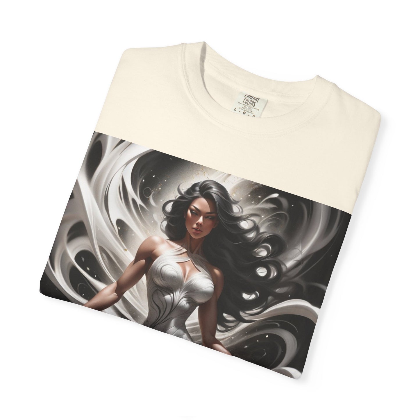 Goddess Art T-Shirt — Elegant White-Draped Fantasy Woman Print