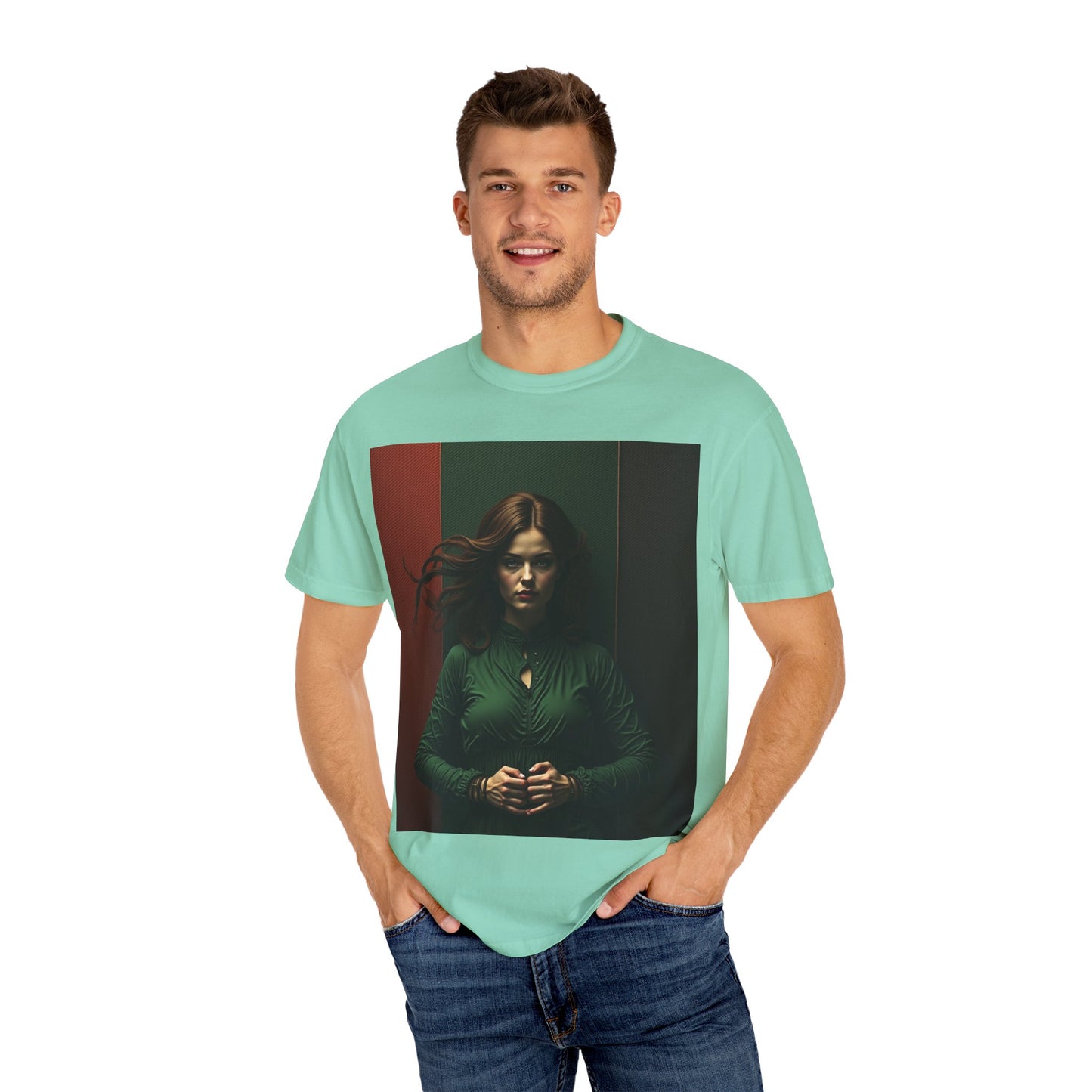 Portrait Photo Tee — Moody Green Woman Graphic T-Shirt