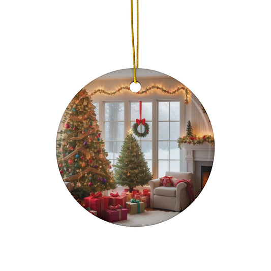 Christmas Living Room Ceramic Ornament — Holiday Tree & Gifts Decoration